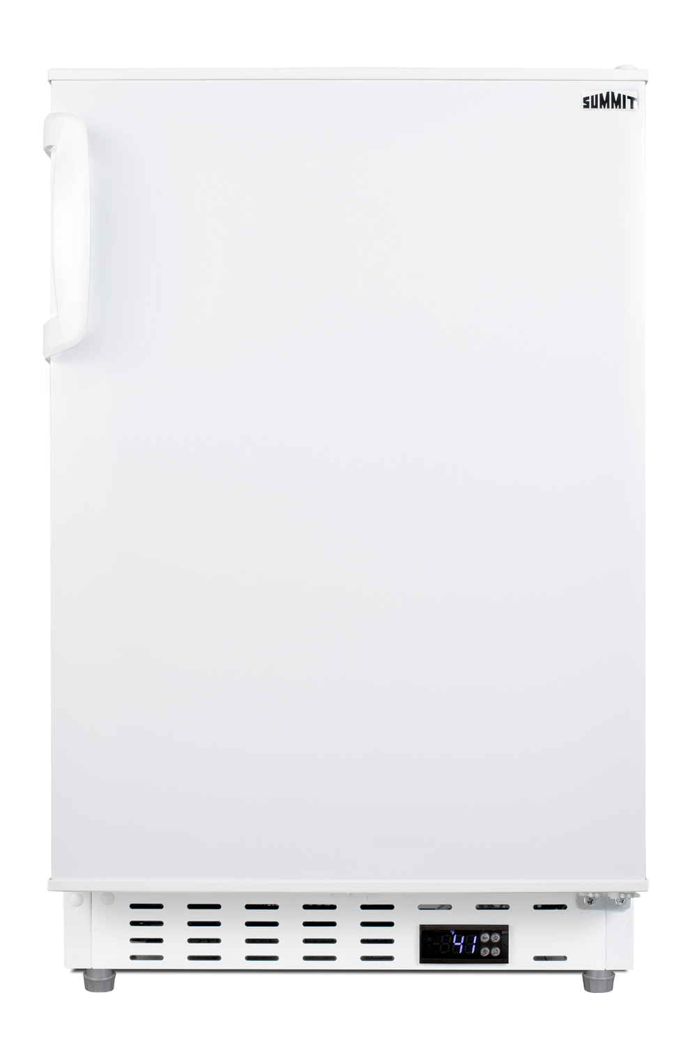 Built-in undercounter ADA compliant residential all-refrigerator in white with door storage and automatic defrost operation